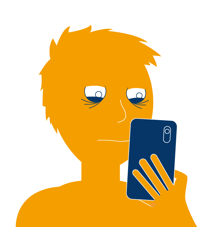 Ein stilisiertes Kindergesicht, das mit müden Augen auf ein Mobiltelefon blickt